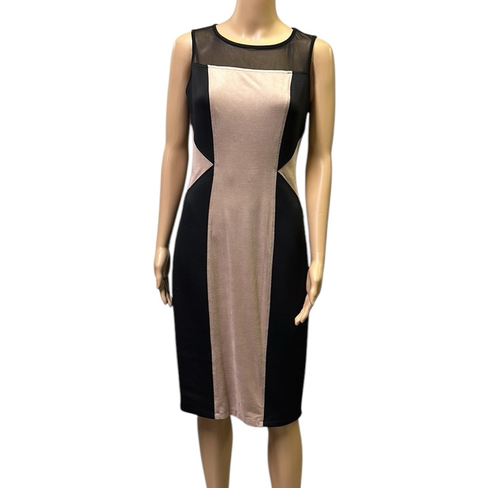 Enfocus Black Tan Sueded Slimming Sleeveless Mesh Top Midi Dress Womens 6